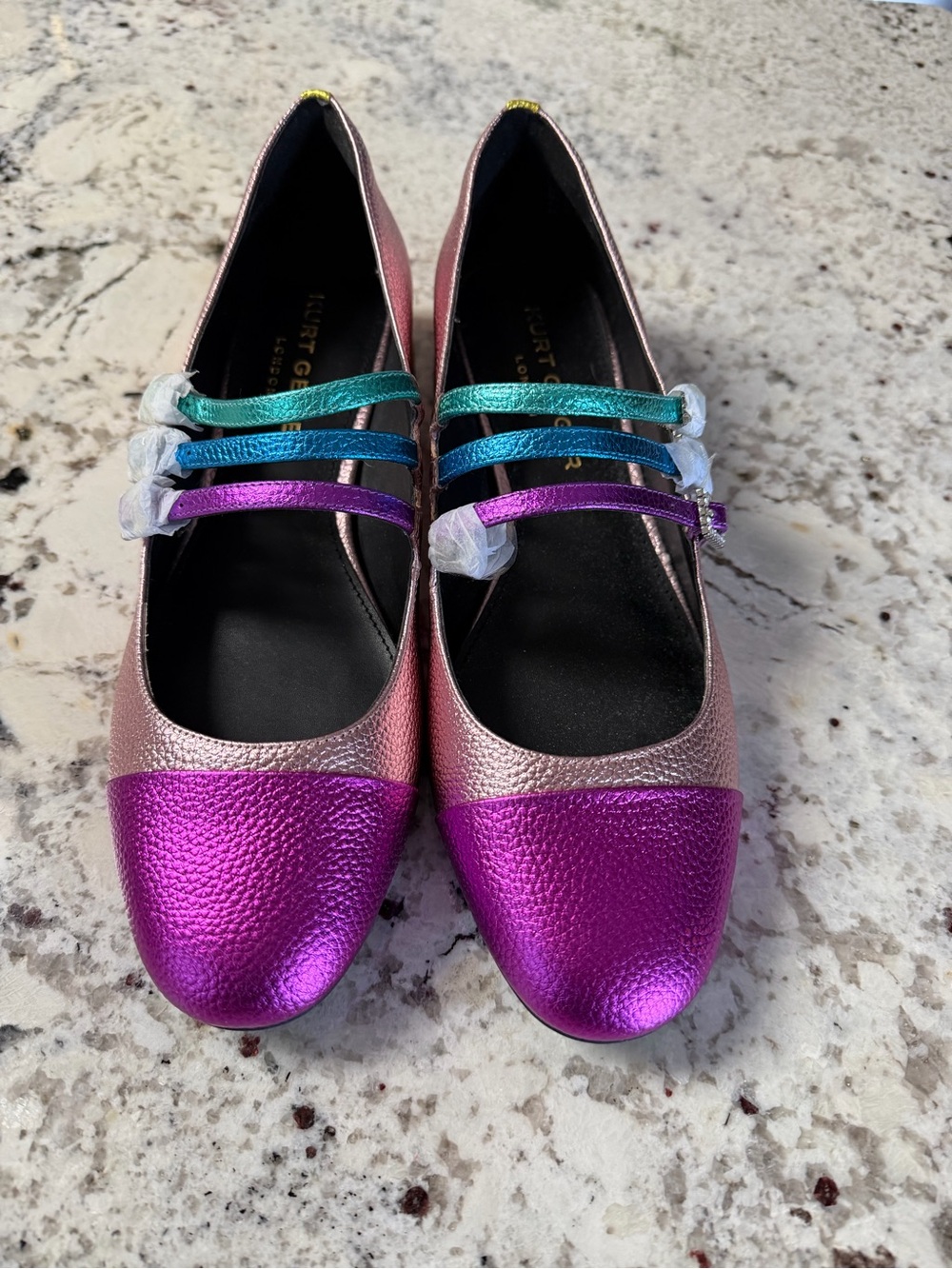 Kurt Geiger Metallic Pink and Purple Mary Jane Flats with Multicolor Straps